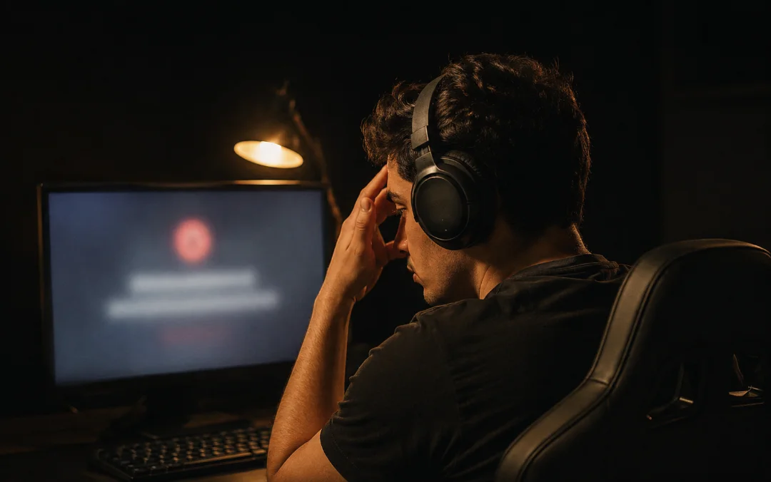 Jogador diante de aviso de conta suspensa em ambiente gamer